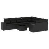 10 Piece Garden Sofa Set with Cushions Black Poly Rattan - Front View
