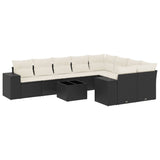 10 Piece Garden Sofa Set with Cushions Black Poly Rattan - Front View