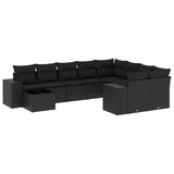 10 Piece Garden Sofa Set with Cushions Black Poly Rattan - Front View
