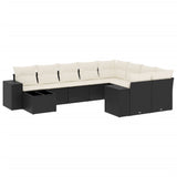 10 Piece Garden Sofa Set with Cushions Black Poly Rattan - Front View
