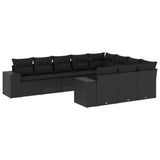 10 Piece Garden Sofa Set with Cushions Black Poly Rattan - Front View
