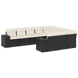 10 Piece Garden Sofa Set with Cushions Black Poly Rattan - Front View