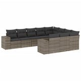 10 Piece Garden Sofa Set with Cushions Grey Poly Rattan - Front View