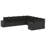 10 Piece Garden Sofa Set with Cushions Black Poly Rattan - Front View