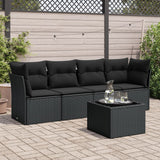5 Piece Garden Sofa Set with Cushions Black Poly Rattan