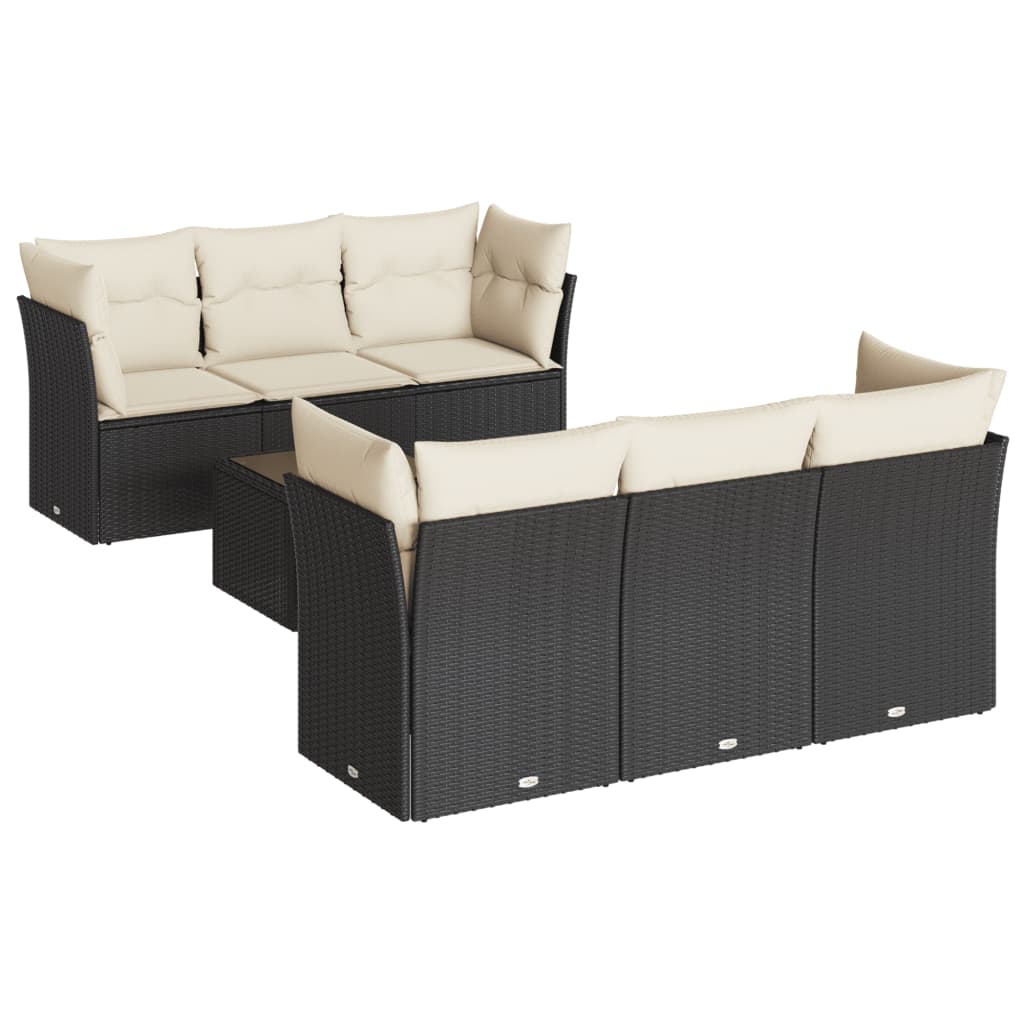 7 Piece Garden Sofa Set with Cushions Black Poly Rattan