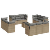 13 Piece Garden Sofa Set with Cushions Beige Poly Rattan - Front View