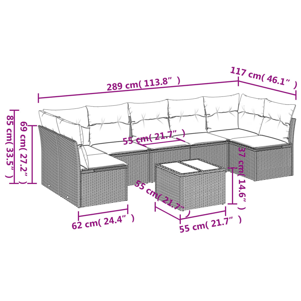 8 Piece Garden Sofa Set with Cushions Grey Poly Rattan