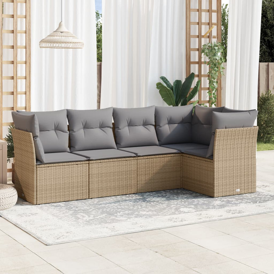 5 Piece Garden Sofa Set with Cushions Beige Poly Rattan