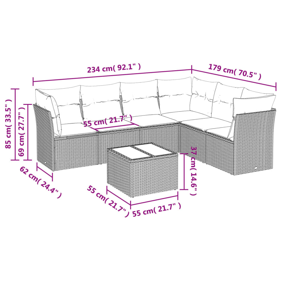 7 Piece Garden Sofa Set with Cushions Beige Poly Rattan