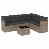 7 Piece Garden Sofa Set with Cushions Grey Poly Rattan - Front View