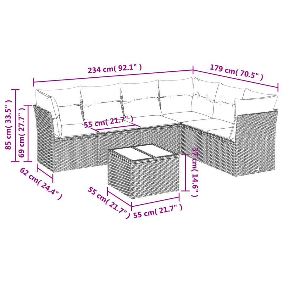 7 Piece Garden Sofa Set with Cushions Grey Poly Rattan