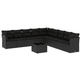 10 Piece Garden Sofa Set with Cushions Black Poly Rattan - Front View