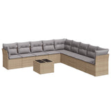 10 Piece Garden Sofa Set with Cushions Beige Poly Rattan - Front View