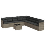 10 Piece Garden Sofa Set with Cushions Grey Poly Rattan - Front View