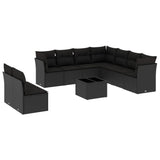 10 Piece Garden Sofa Set with Cushions Black Poly Rattan - Front View