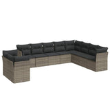 10 Piece Garden Sofa Set with Cushions Grey Poly Rattan - Front View