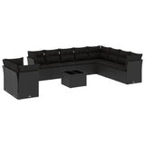 11 Piece Garden Sofa Set with Cushions Black Poly Rattan - Front View