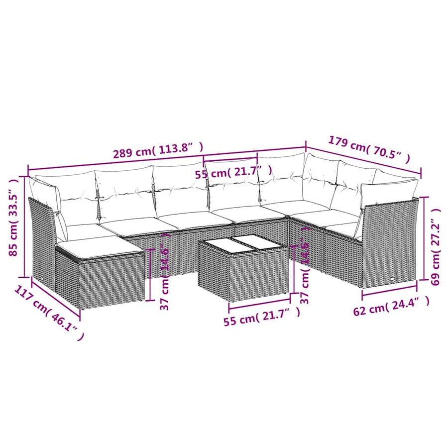 9 Piece Garden Sofa Set with Cushions Black Poly Rattan
