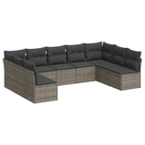 9 Piece Garden Sofa Set with Cushions Grey Poly Rattan - Front View