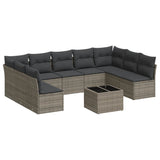 10 Piece Garden Sofa Set with Cushions Grey Poly Rattan - Front View