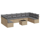 11 Piece Garden Sofa Set with Cushions Beige Poly Rattan - Front View