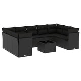 10 Piece Garden Sofa Set with Cushions Black Poly Rattan - Front View