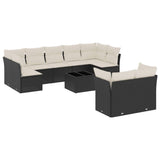 10 Piece Garden Sofa Set with Cushions Black Poly Rattan - Front View