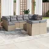 10 Piece Garden Sofa Set with Cushions Beige Poly Rattan