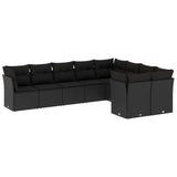 9 Piece Garden Sofa Set with Cushions Black Poly Rattan - Front View