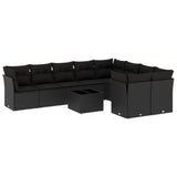 10 Piece Garden Sofa Set with Cushions Black Poly Rattan - Front View