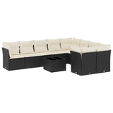 10 Piece Garden Sofa Set with Cushions Black Poly Rattan - Front View
