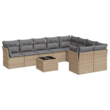 10 Piece Garden Sofa Set with Cushions Beige Poly Rattan - Front View