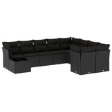 10 Piece Garden Sofa Set with Cushions Black Poly Rattan - Front View