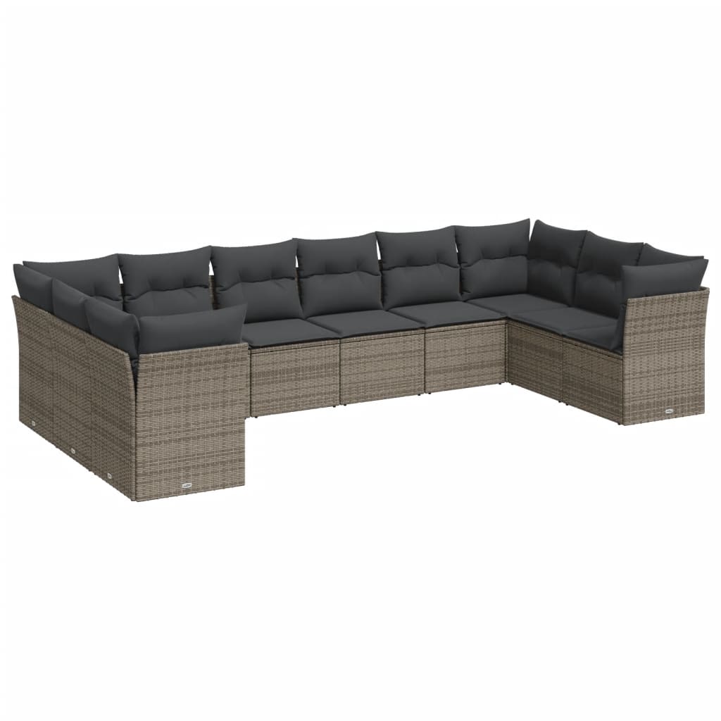 10 Piece Garden Sofa Set with Cushions Grey Poly Rattan