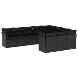 10 Piece Garden Sofa Set with Cushions Black Poly Rattan - Front View