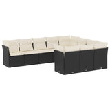 10 Piece Garden Sofa Set with Cushions Black Poly Rattan - Front View