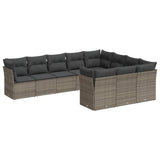 10 Piece Garden Sofa Set with Cushions Grey Poly Rattan - Front View