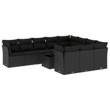 11 Piece Garden Sofa Set with Cushions Black Poly Rattan - Front View