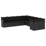 10 Piece Garden Sofa Set with Cushions Black Poly Rattan - Front View