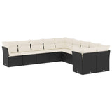 10 Piece Garden Sofa Set with Cushions Black Poly Rattan - Front View