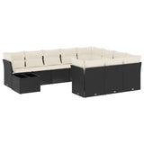 11 Piece Garden Sofa Set with Cushions Black Poly Rattan - Front View