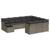 11 Piece Garden Sofa Set with Cushions Grey Poly Rattan - Front View
