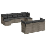 10 Piece Garden Sofa Set with Cushions Grey Poly Rattan - Front View