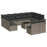 12 Piece Garden Sofa Set with Cushions Grey Poly Rattan - Front View