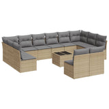 13 Piece Garden Sofa Set with Cushions Beige Poly Rattan - Front View