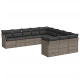 11 Piece Garden Sofa Set with Cushions Grey Poly Rattan - Front View