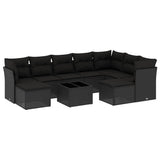 10 Piece Garden Sofa Set with Cushions Black Poly Rattan - Front View