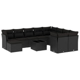 11 Piece Garden Sofa Set with Cushions Black Poly Rattan - Front View