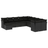 11 Piece Garden Sofa Set with Cushions Black Poly Rattan - Front View